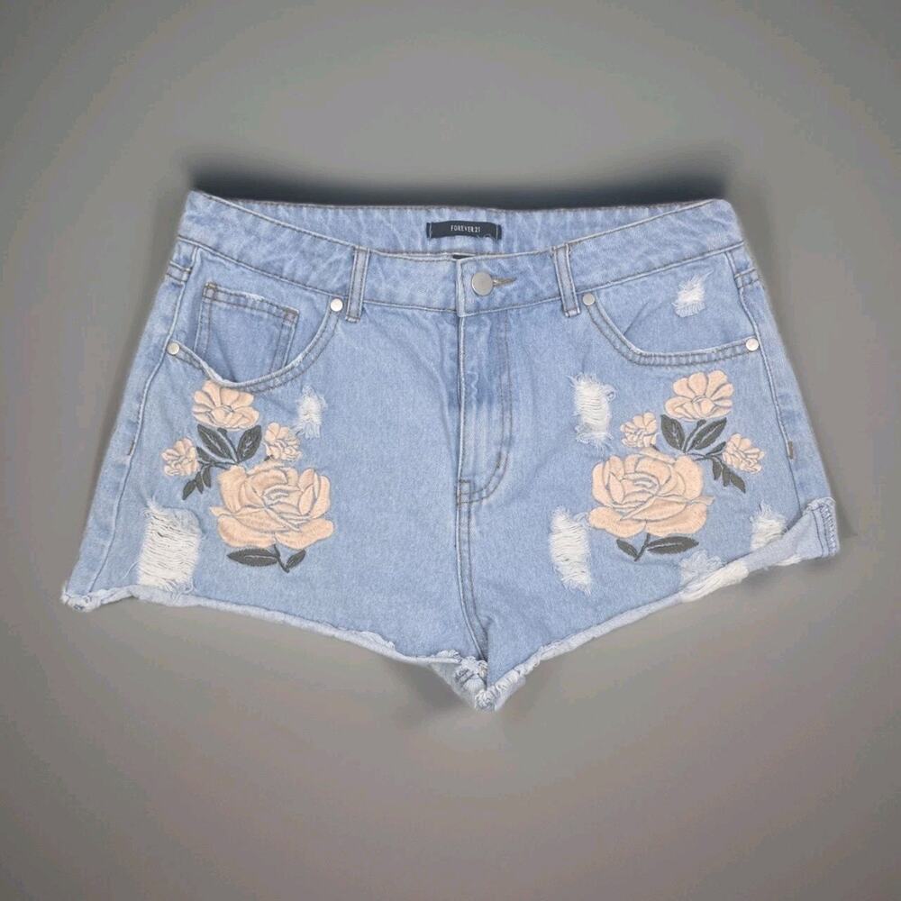 FOREVER 21 Jean Shorts Womens 29 Denim Booty Shorts Rose Embroidered Light blue
